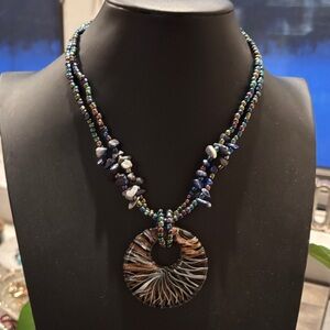 Art Glass Pendant Necklace Large Statement Vintage Dichroic Blue Seed Beads